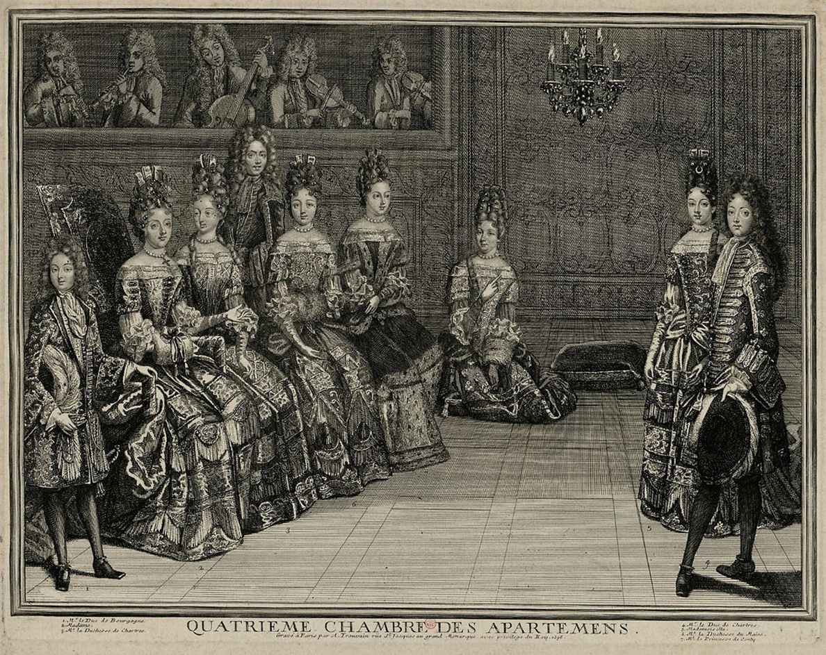 An illustration of a scene within the Palace of Versailles.