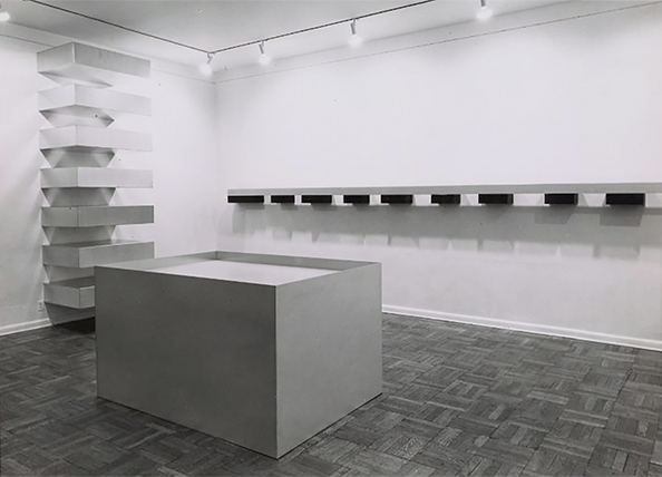 Installation view of a Donald Judd exhibition at the Leo Castelli Gallery